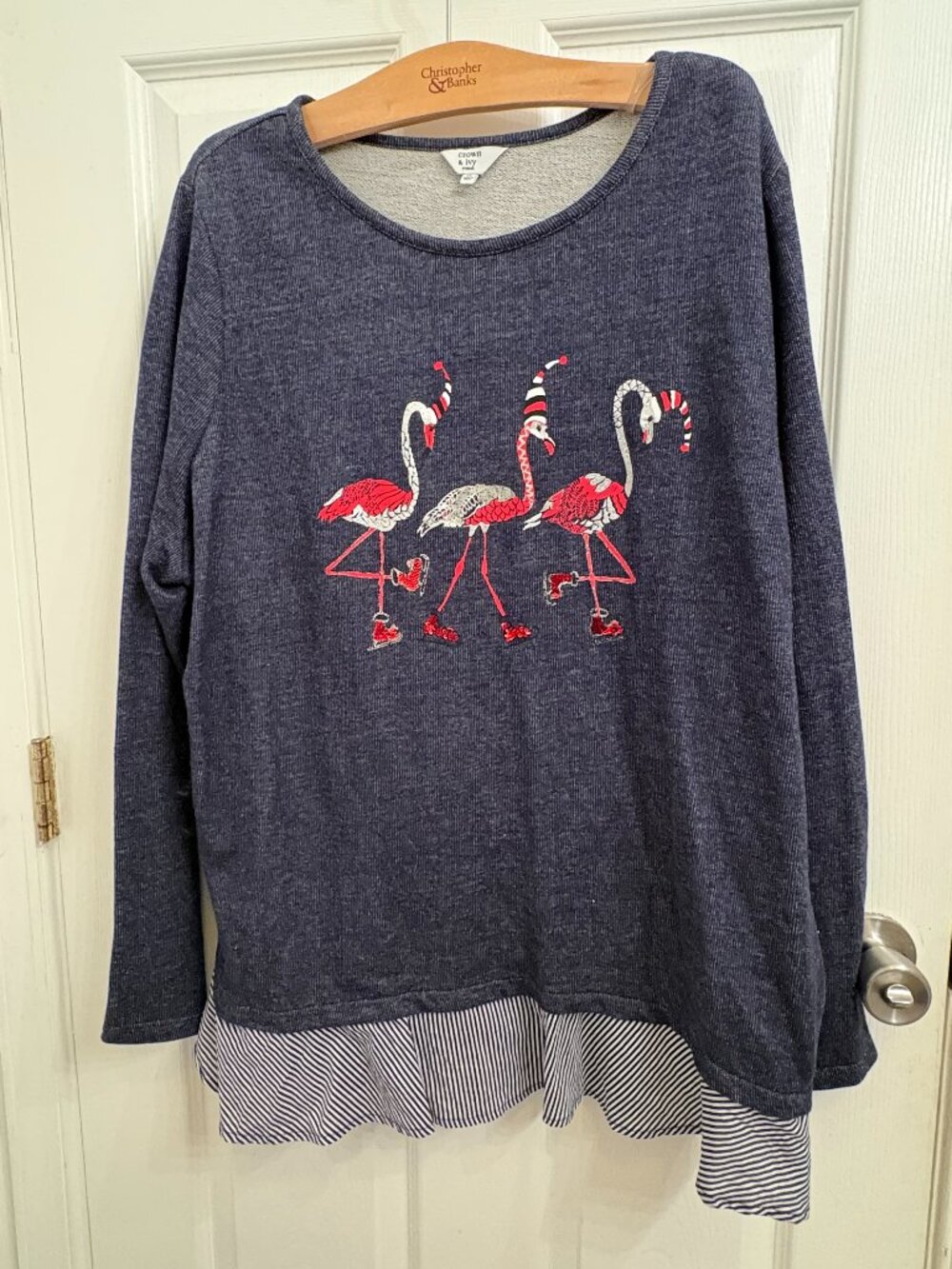 Crown & Ivy Flamingo Christmas Top Blue Sequin Holiday Long Sleeve size 3X